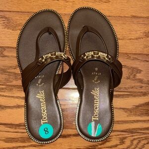 Toscanella brown sandals with gold and rhinestone accents size 8